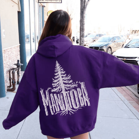 Celebrate the wild spirit of Manitoba with this eye-catching hoodie featuring "Manitoba" written in a unique tree branch font.